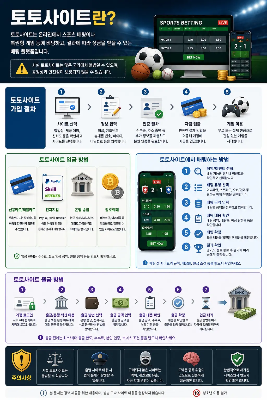 토토사이트란 무엇인지 설명하고, 가입 절차·입금 방법·배팅 방법·출금 방법·이용 시 주의사항을 스포츠 배팅 화면과 단계별 아이콘으로 정리한 안내 인포그래픽